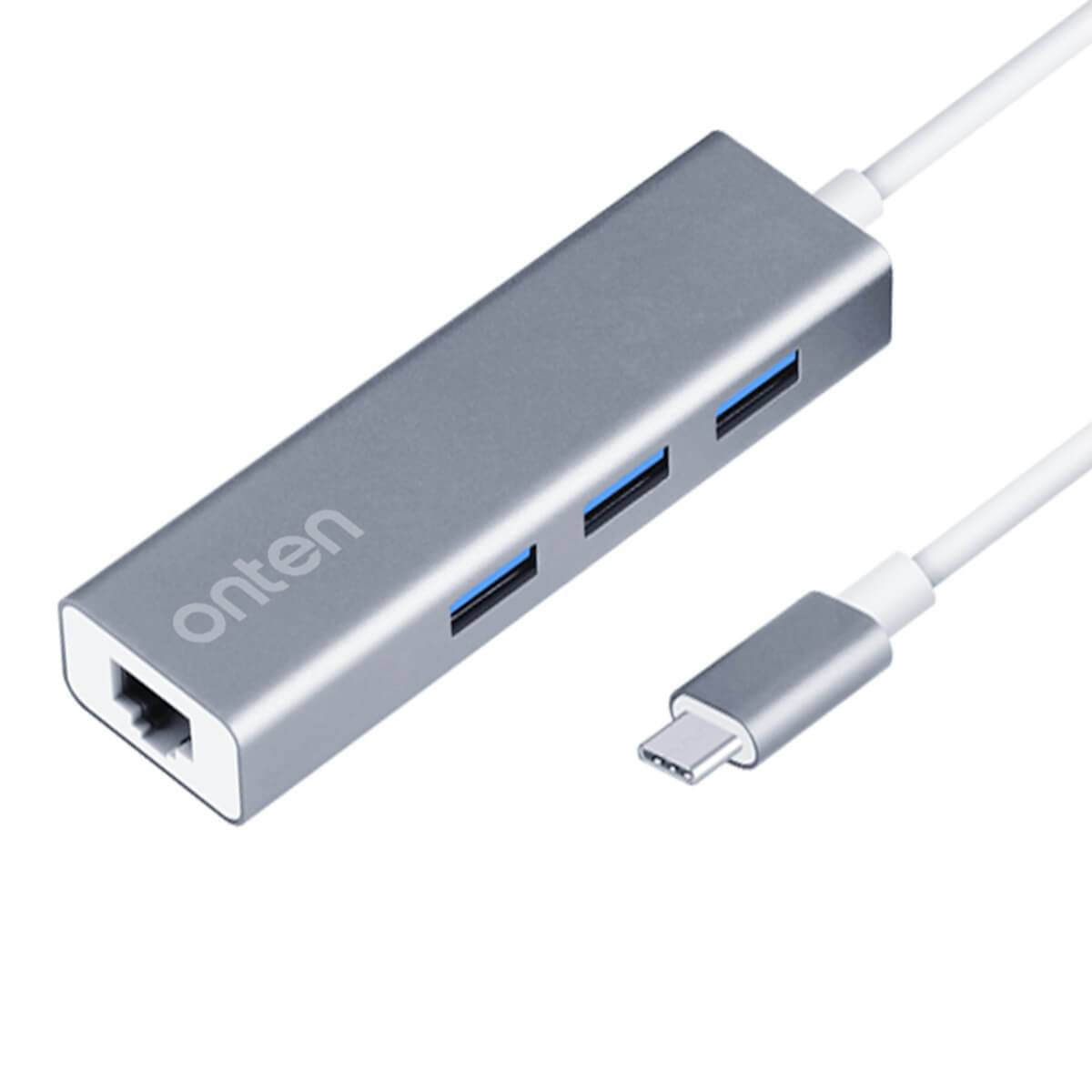Onten 9593 USB-C to 3-Port Hub with Fast Ethernet Adapter featuring a sleek aluminum alloy shell, three USB 3.0 ports, and a 100Mbps Ethernet port.